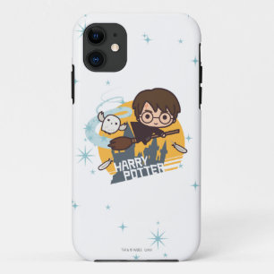 Cartoon Harry and Hedwig Flying Past Hogwarts iPhone 11 Hoesje