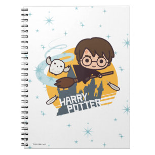 Cartoon Harry and Hedwig Flying Past Hogwarts Notitieboek