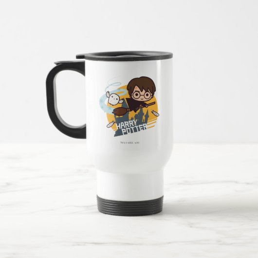 Cartoon Harry en Hedwig Flying Past Hogwarts Reisbeker (Links)