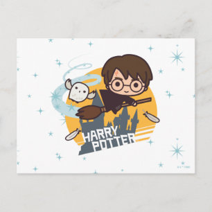 Cartoon Harry en Hedwig vliegen langs Zweinstein Briefkaart