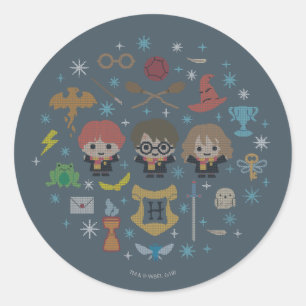 Cartoon Harry Potter Kruissteekcollage Ronde Sticker