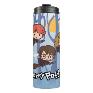 Cartoon Harry, Ron en Hermione vliegen in Bos Thermosbeker