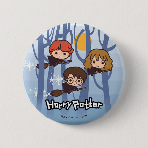 Cartoon Harry, Ron en Hermione vliegen in het bos Ronde Button 5,7 Cm