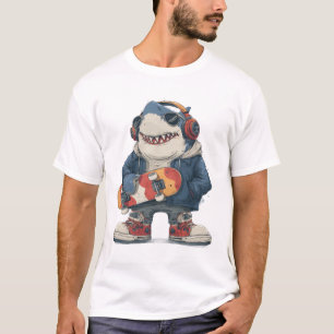 Cartoon Hip Hop Haai Karakter met Skateboard T-shirt