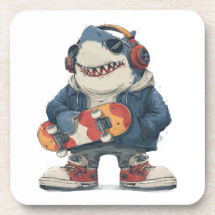 Cartoon Hip Hop Haaienpersonage met Skateboard Bier Onderzetter