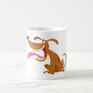 Cartoon hond met grote glimlach en tong uit koffiemok