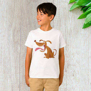 Cartoon hond met grote glimlach en tong uit t-shirt