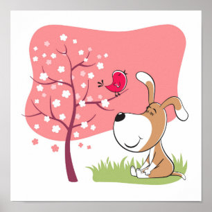 Cartoon Hond Puppy Vogel Bloesem Bloem Roze Lente Poster