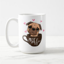 Cartoon hond zit in een kopkoffie