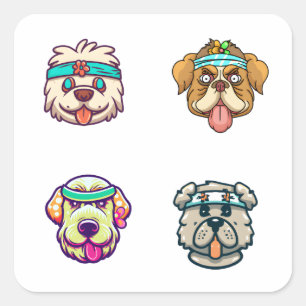 Cartoon Hondenhoofd met hoofdband 4 pack Stickers