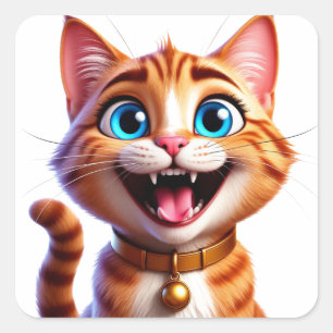 Cartoon Huisdier Kat Met Blauwe Ogen Gelukkige Uit Vierkante Sticker
