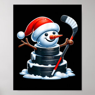 Cartoon ijshockey puck sneeuwman met kerstmuts chr poster