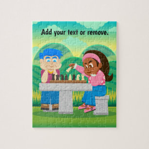 Cartoon, jongen en zwart meisje die schaken buiten legpuzzel