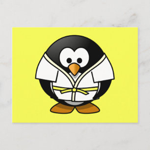 Cartoon Judo Penguin Gele achtergrond Briefkaart