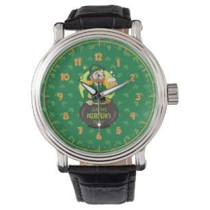 Cartoon kabouter in een gouden pot met een pint horloge
