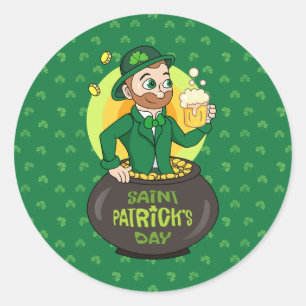 Cartoon kabouter in een gouden pot met een pint ronde sticker