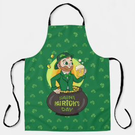 Cartoon kabouter in een gouden pot met een pint schort