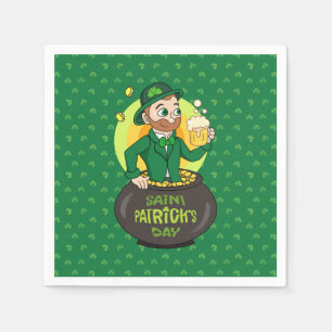 Cartoon kabouter in een gouden pot met een pint servet