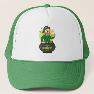 Cartoon kabouter in een gouden pot met een pint trucker pet