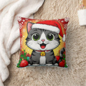 Cartoon kat in kerstmuts met kerstversiering kussen (Deken)