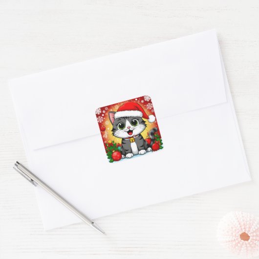 Cartoon kat in kerstmuts met kerstversiering vierkante sticker (Envelop)