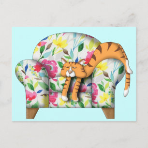 Cartoon Kat in slaap op een floragestoel Briefkaart