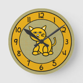Cartoon Kat op Cute Gold Clock voor kinderen Ronde Klok