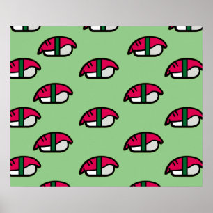 Cartoon Kawaii Sushi, Visrijst en zeewier Poster