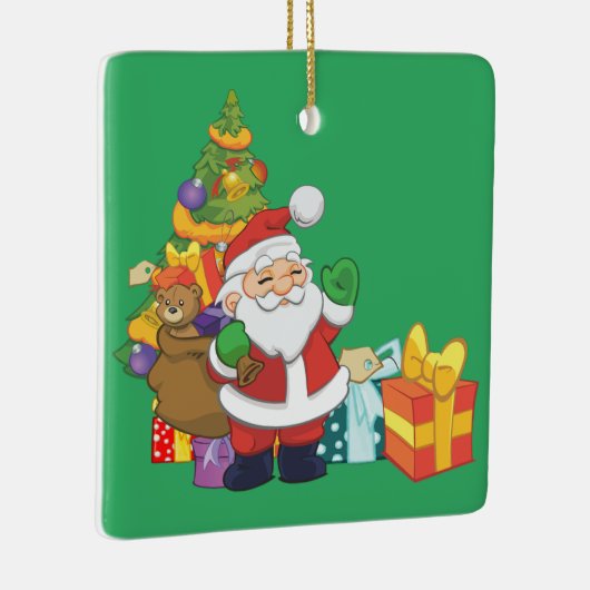 Cartoon Kerstman met kerstboom en Cadeaus Keramisch Ornament (Rechts)