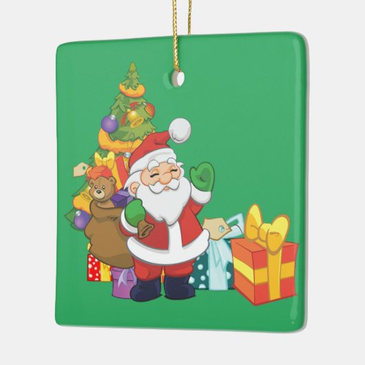 Cartoon Kerstman met kerstboom en Cadeaus Keramisch Ornament (Links)