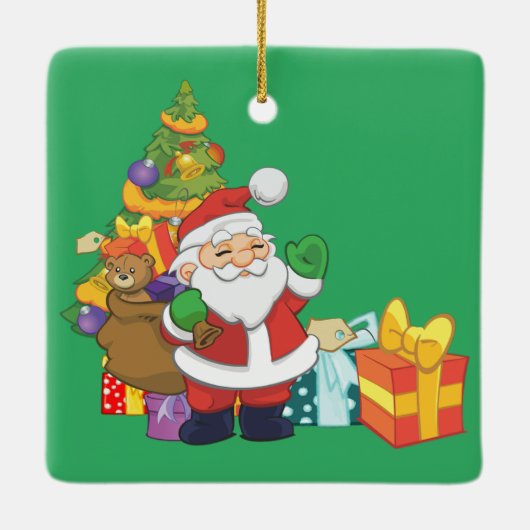 Cartoon Kerstman met kerstboom en Cadeaus Keramisch Ornament (Achterkant)