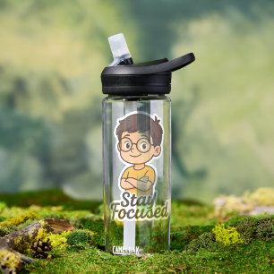 Cartoon Kinderen Sticker met bril – "Blijf gefocus Waterfles