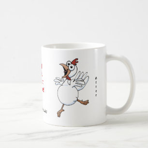 Cartoon kip: "Ik voel me vochtig zonder cafeïne". Koffiemok