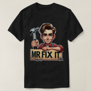 Cartoon klusjesman die hamer vasthoudt met Mr. Fix T-shirt