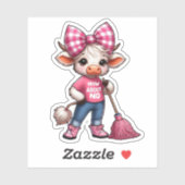 Cartoon Koe in roze outfit met Gingham Bow Sticker (Vel)
