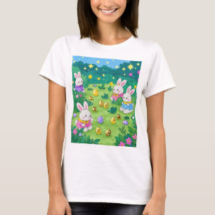Cartoon konijntjes die eitjes verstoppen in een tu t-shirt