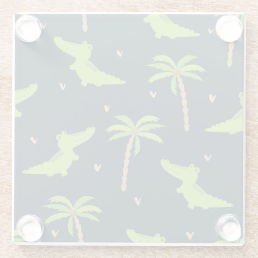 Cartoon Krokodillen: Alligator palmen patroon. Glazen Onderzetter (Achterkant)