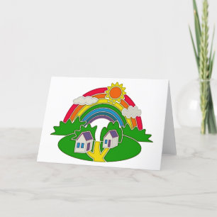 Cartoon landelijk tafereel met regenboog en landhu bedankkaart