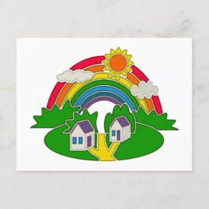 Cartoon landelijk tafereel met regenboog en landhu briefkaart