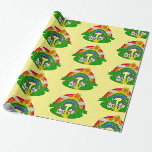 Cartoon landelijk tafereel met regenboog en landhu cadeaupapier