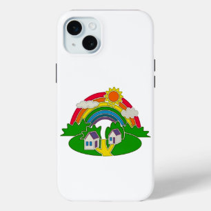 Cartoon landelijk tafereel met regenboog en landhu iPhone 15 mini hoesje