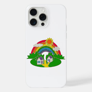 Cartoon landelijk tafereel met regenboog en landhu iPhone 15 pro max hoesje