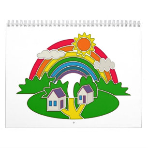 Cartoon landelijk tafereel met regenboog en landhu kalender
