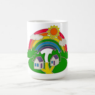Cartoon landelijk tafereel met regenboog en landhu koffiemok