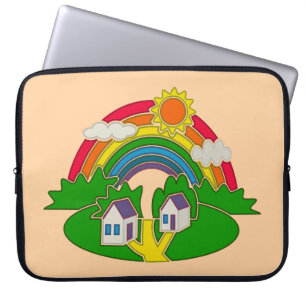 Cartoon landelijk tafereel met regenboog en landhu laptop sleeve
