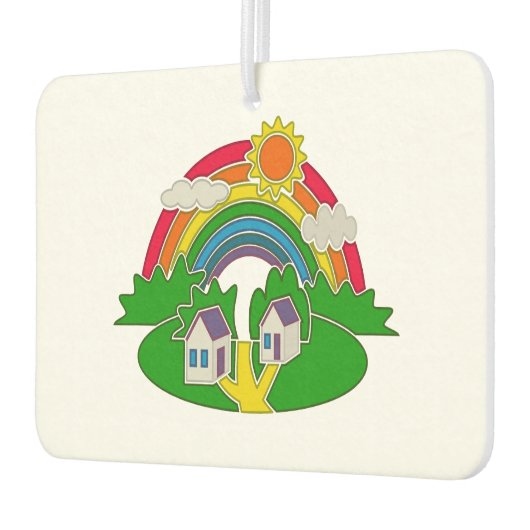 Cartoon landelijk tafereel met regenboog en landhu luchtverfrisser (Links)