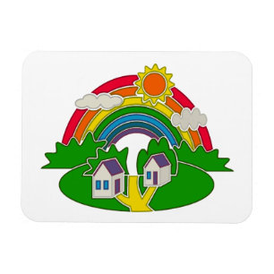Cartoon landelijk tafereel met regenboog en landhu magneet