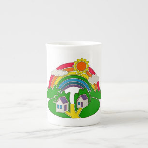 Cartoon landelijk tafereel met regenboog en landhu porselein kop