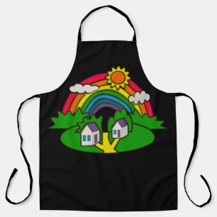 Cartoon landelijk tafereel met regenboog en landhu schort