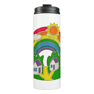 Cartoon landelijk tafereel met regenboog en landhu thermosbeker